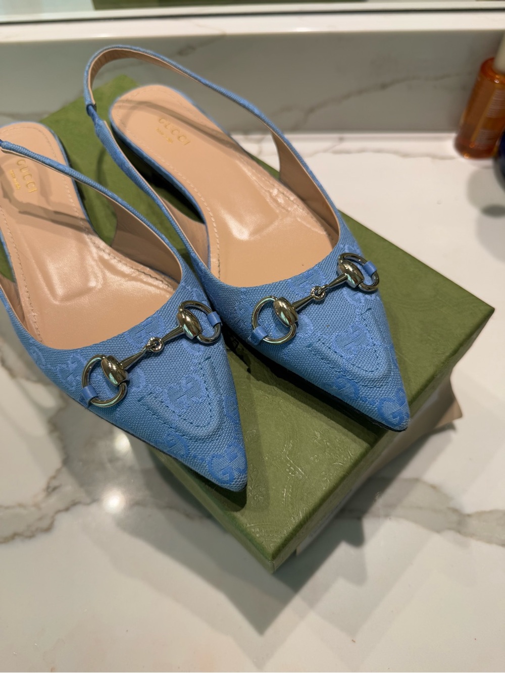 Gucci Light Blue Pointed Slingback Flats with Horsebit